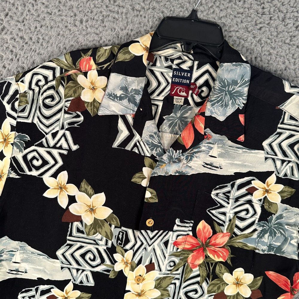 Vtg Quicksilver Shirt Mens L Floral Tribal Surf Rayon Made In USA Loop Collar